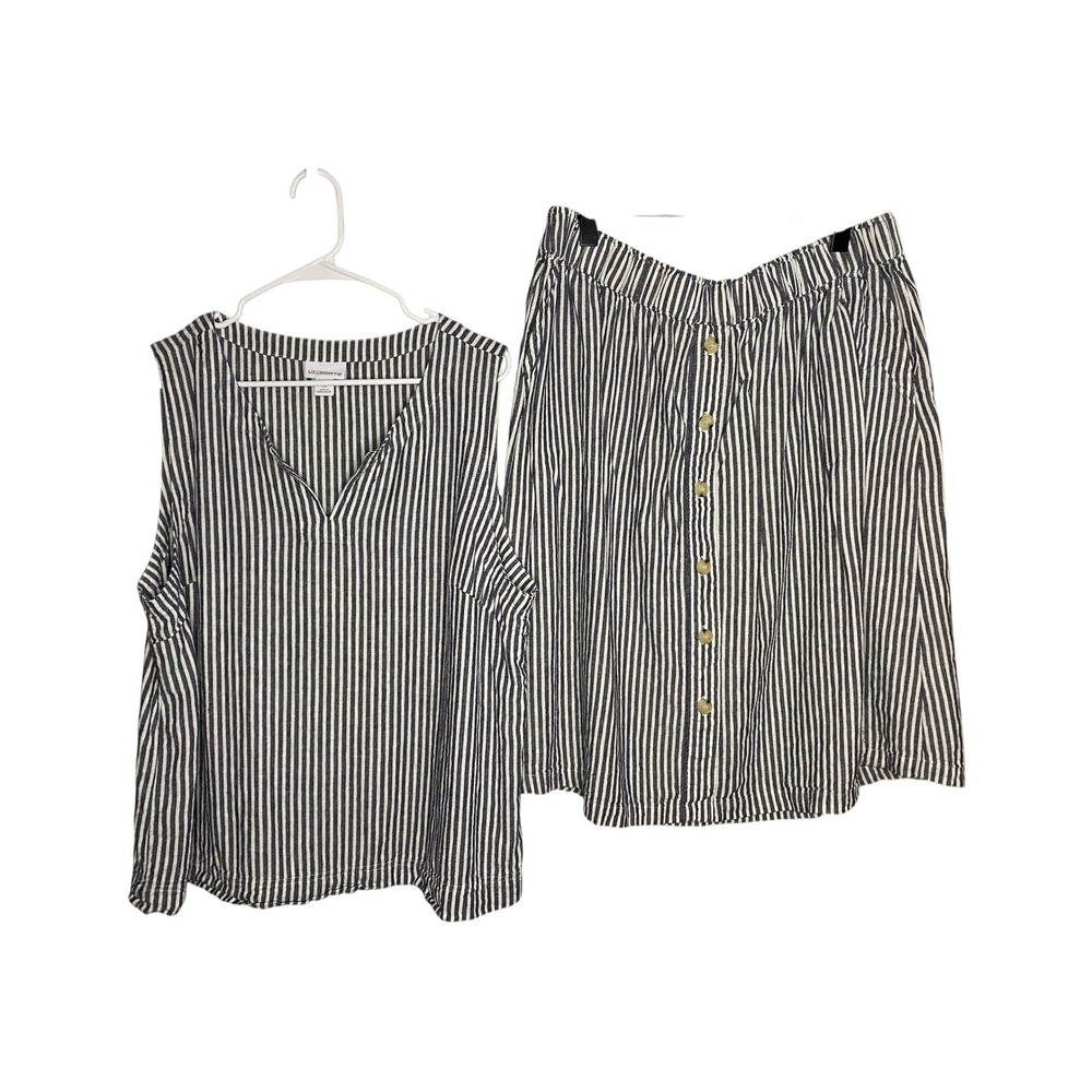 Liz Claiborne Women XL Grey White Striped Linen Blend Top and Skirt Set